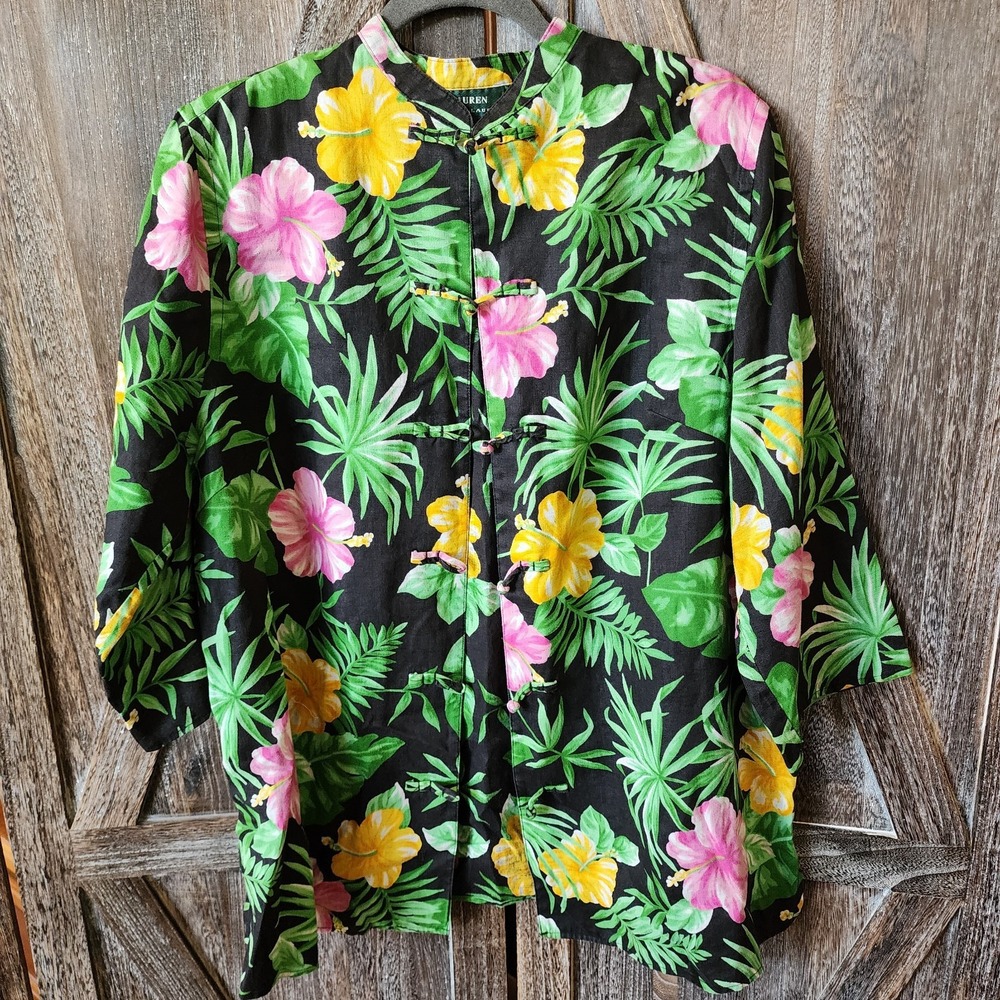 Lauren Ralph Lauren Top Tropical Floral Print Jacket‎ Mandarin Collar 100% Linen